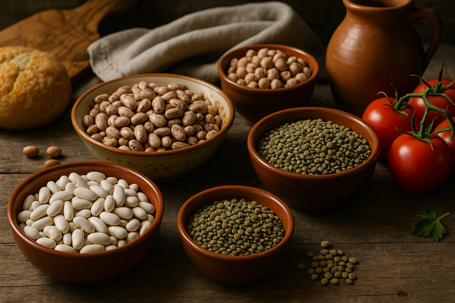 Horizontal rectangular image, realistic in photographic style, of legumes from Tuscia on a laid table